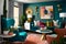 a colorful eclectic living room inspired by mid-twentieth century style