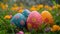 Colorful eggs amid vibrant blooms. Eggs hidden in verdant grassland.