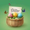 Colorful eggs in basket with butterfly and grass with happy Easter calligraphy hand lettering, Easter celebration concept