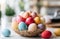 colorful eggs in a basket on the table in a bright kitchen, Easter concept