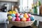colorful eggs in a basket on the table in a bright kitchen, Easter concept