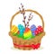 Colorful Eggs, Brench of Willow in Wicker Basket