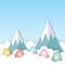 Colorful eggs with mountains on blue sky background, Holiday illustration for greeting card of Happy Easter’s Day.