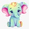 Colorful Elephant sitting set design for kids coloring pages. Colorful baby elephant cartoon with color splashes. Cute elephant