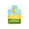 Colorful emblem or label for bottle of rapeseed oil. Sticker with text and drop of liquid on striped background with