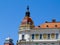 Colorful enamel coated clay tile roof and cupola of the county hall in Pecs, Hungary