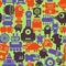 Colorful endless pattern with robots and monsters.