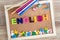 Colorful ENGLISH word alphabet on a pin board background ,English language learning concept