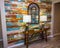 Colorful Entry Hallway With Wood Slat Wall