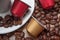 Colorful espresso coffee doses with coffee beans on