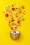 Colorful explosion of candies in coconut on yellow colored background, creative still life, flat lay style.