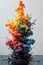 A colorful explosion of paint is splattered across the black liquid. The colors are vibrant and the spray is thick, creating a