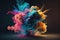 Colorful explosions of colored powder smoke over dark background. Generative AI