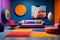 Colorful expression retro pop art interior in bright blue and orange