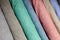 Colorful fabric swatches on shopfront
