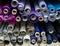 Colorful fabrics rolls in drapery store. Tailoring concept