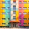 Colorful facade of modern building. 3d render illustration. Square composition. Facade of a multi-storey building with balconies.