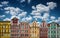 Colorful facades of historic buildings against the sky in the historic old town of Wroclaw, Poland. Architecture and historic