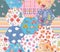 Colorful fairytale patchwork pattern with cute foxes and cats in magic forest with flowers and trees