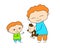 Colorful family scene vector illustration on white background. Father presents puppy to son. Parent and kid icon