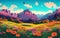 A colorful, fantastical scene with mountains and meadows.