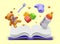 Colorful fantasy book with 3d teddy bear and educational cubes, bottle with milk, toothbrush for kid