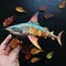Colorful Fantasy Realism: Paper Shark With Autumn Leafs