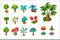 Colorful fantasy tropical trees and plants, nature details for computers game interface vector Illustrations on a white