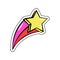 Colorful fashion sticker with falling yellow star, shiny pink and red trace, trendy patch badge isolated, vector