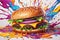 colorful fast burger with ketchup and sauce on colorful background. high resolution 3 d illustration.