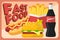 Colorful Fast food vector retro banner. Fast food hamburger dinner and restaurant, tasty set fast food many meal and