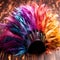 a colorful feathered hat on a wood surface