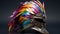 a colorful feathered helmet