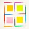 Colorful felt-tip pens on the white background. Markers and stickers pattern in the shape of square.