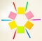 Colorful felt-tip pens on the white background. Markers and stickers pattern in the shape of star.
