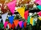 Colorful festival flags hanging in the.garden