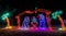 Colorful festive Holiday Christmas Light display of Nativity scene and palm trees