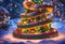 Colorful festive snake on beautiful decorated outdoors Christmas tree