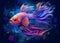 Colorful fighting fish on a dark background with stars.generative AI