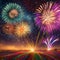 Colorful firework display on dark sky background. Vector illustration. AI-generated image