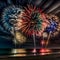 Colorful fireworks launches over the beach and sea. New Year\\\'s fun and festiv