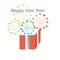 Colorful of fireworks yellow, blue, red and green go out from red giftbox with white ribbon on white background. Happy new year