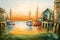 Colorful Fisherman Boats and Shacks in Harbor Oil Painting