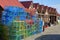 Colorful fishing baskets covos and fisherman`s huts in the fishing harbor of Santa Luzia, located near Tavira, Algarve