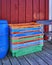 Colorful Fishing crates in the fishing harbor Boltenhagen on the Baltic Sea