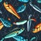 Colorful fishing lures seamless pattern