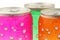 Colorful fizzy drink cans with water droplets