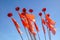 Colorful flags of buoys of a fishing boat