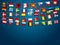 Colorful flags of different countries of the europe with confetti on blue background. Festive garlands of the international