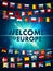 Colorful flags of different countries of the europe on shining blue background. Festive garlands of the international pennant.